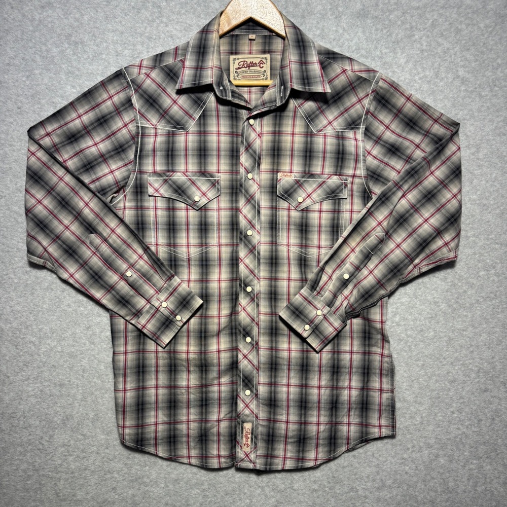 Rafter C‎ Cowboy Collection Mens Grey Black Red Plaid Western Snap Shirt